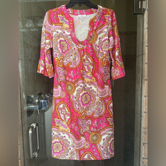 Jude Connally Pink Paisley Nancy Dress Medium. Scoop Neck and Bell Sleeves EUC - Picture 2 of 3